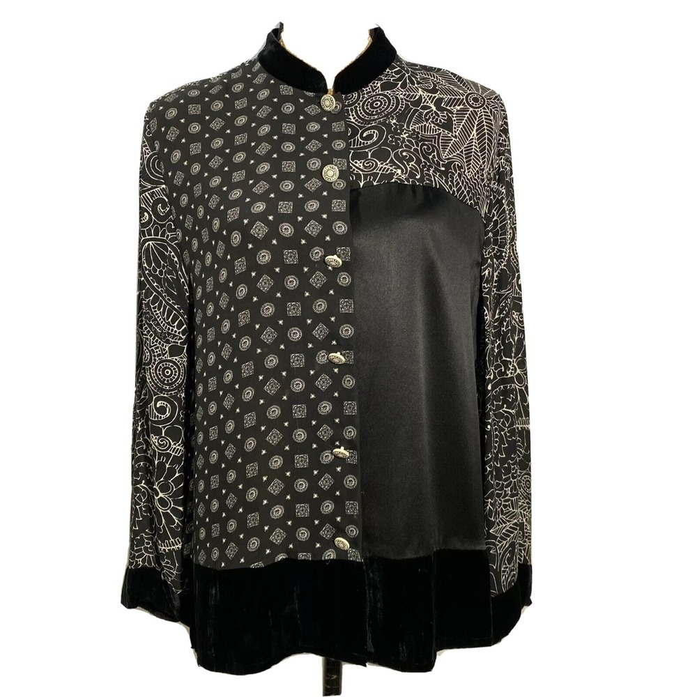 Chaus Blouse MED Black Velvet White Mandala Silk Bl Satin Chiffon Hi Neck LN‎